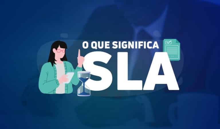 Ilustração de mulher usando o celular, ao lado de uma ampulheta e de um contrato de telecom. Ao fundo, lê-se o texto "O que significa SLA?"