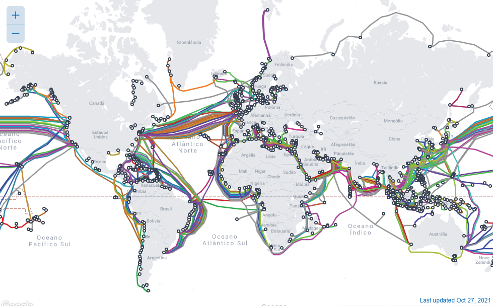 Ilustração da rede mundial de cabos submarinos, essencial para o funcionamento da internet