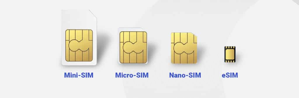 Imagem mostra a diferença de tamanho entre o mini-SIM, micro-SIM, nano-SIM e o eSIM, sendo o eSIM o menor de todos os chips