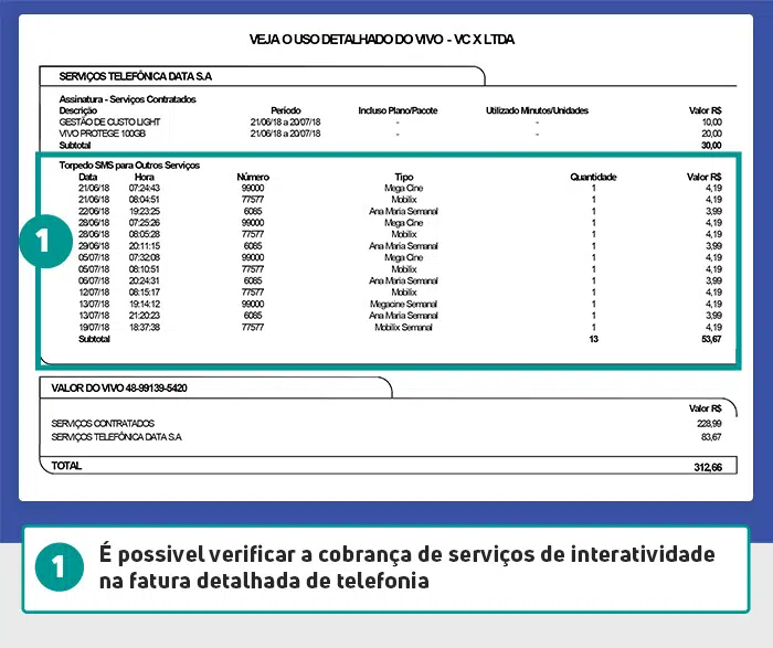 Exemplo de fatura de telefone com cobrança de interatividade