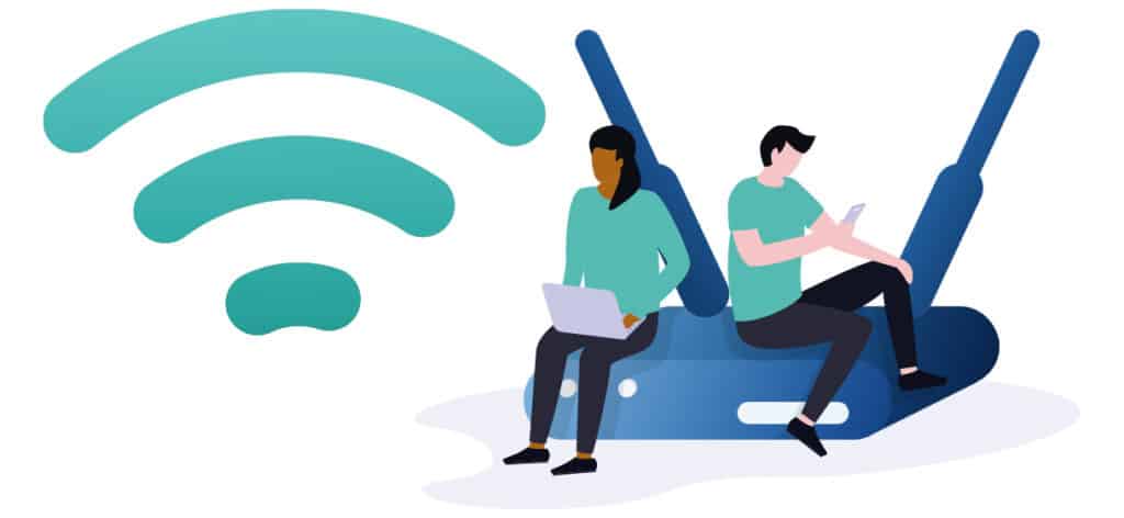 Ilustração do que é wi-fi mostrando o roteador emitindo as ondas de wi-fi para pessoas conectarem seus dispositivos a internet.