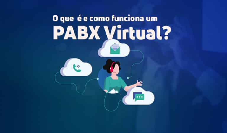 Ilustração de uma mulher utilizando um headset para falar ao telefone. Ao fundo, lê-se: "O que é e como funciona um PABX virtual?"