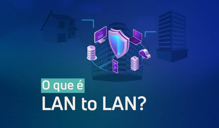 Ilustração de vários dispositivos (computador, notebook, banco de dados) conectados por meio de rede. Ao fundo, pode-se ler o texto: "O que é LAN to LAN?"