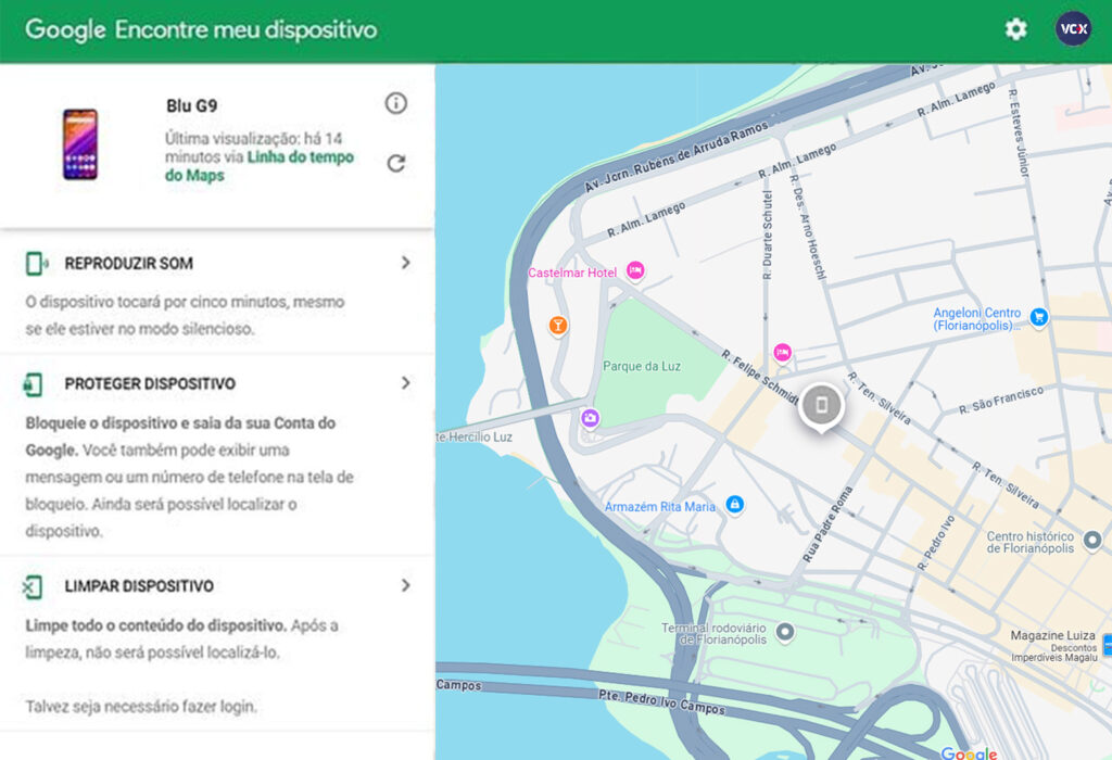 Tela do serviço 'Google Encontre meu dispositivo' mostrando a localização de um celular Android no mapa de Florianópolis e as opções para reproduzir som, proteger ou limpar o aparelho.