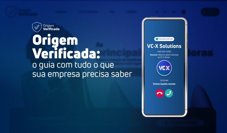 Banner sobre o serviço "Origem Verificada". O texto diz "Origem Verificada: o guia com tudo o que sua empresa precisa saber" ao lado de um celular que exibe uma chamada de exemplo com selo de verificação.