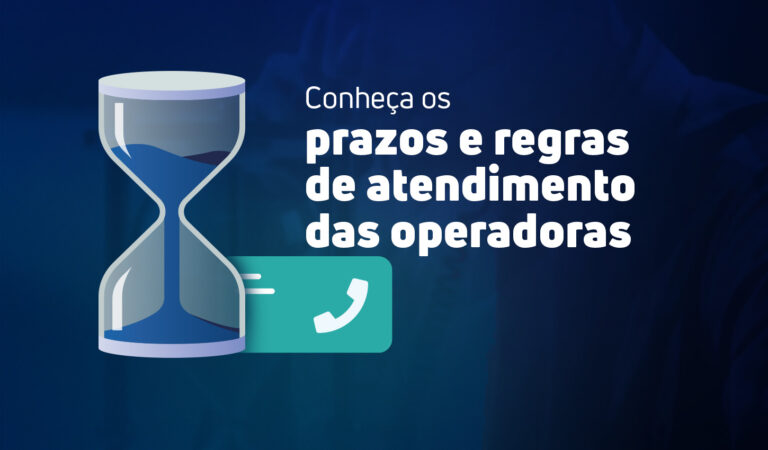 Imagem de capa com o título 'Conheça os prazos e regras de atendimento das operadoras'. A imagem tem fundo azul escuro e mostra uma ampulheta e um ícone de telefone, simbolizando o tempo e o atendimento.