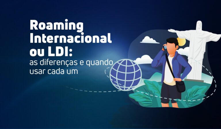 Imagem de capa para um artigo sobre as diferenças entre Roaming Internacional e LDI. Um homem, simbolizando um viajante, usa seu celular no Brasil, indicado pela presença da estátua do Cristo Redentor.