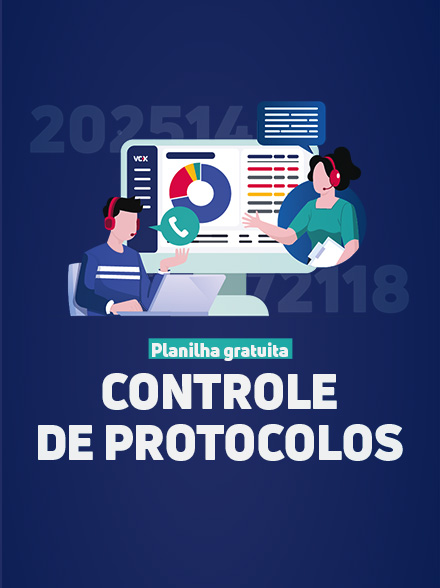 Capa do material 'Planilha gratuita: Controle de Protocolos'. A imagem ilustra um homem e uma mulher, operadores de atendimento com headsets, em frente a um monitor de computador que exibe um dashboard com gráficos de pizza e barras, simbolizando a gestão de chamados.
