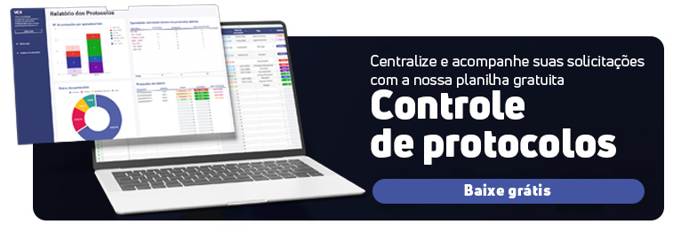 Banner publicitário de uma planilha gratuita para controle de protocolos. A imagem mostra um notebook com gráficos e planilhas na tela. O texto principal diz: "Centralize e acompanhe suas solicitações com a nossa planilha gr﻿atuita Controle de protocolos". Há também um botão com a chamada para ação "Baixe grátis".