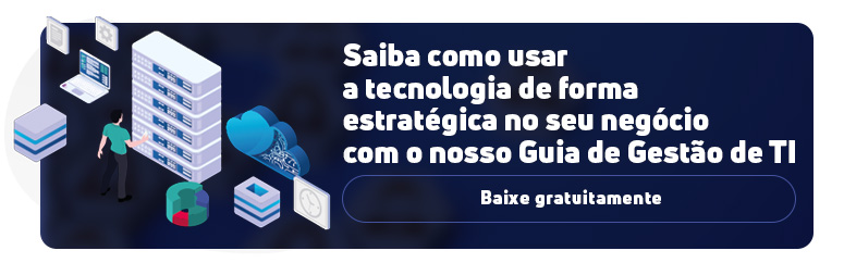 Banner para o "Guia de Gestão de TI". O texto principal diz: "Saiba como usar a tecnologia de forma estratégica no seu negócio com o nosso Guia de gestão de TI". O botão de call-to-action convida: "Baixe gratuitamente". A imagem é ilustrada com ícones de servidores, nuvem e um administrador de TI.