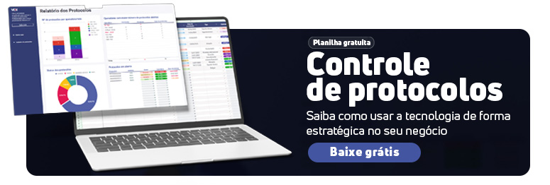 Faça o download grátis da nossa planilha de controle de protocolos. Banner com um laptop exibindo relatórios de atendimento.