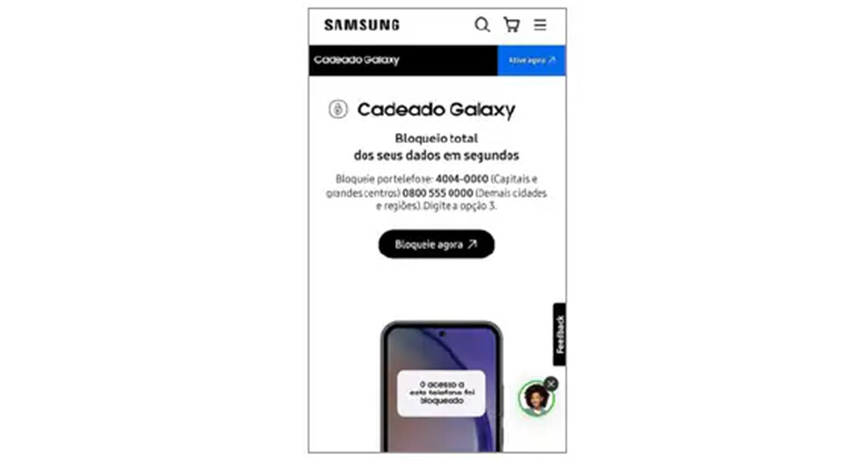 Passo 1 do tutorial Cadeado Galaxy: tela inicial do serviço no site da Samsung, com a opção 'Ative agora' para iniciar o bloqueio total dos dados do celular.
