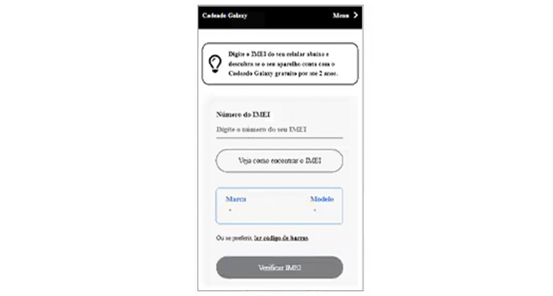 Passo 2 do Cadeado Galaxy: tela de verificação de elegibilidade do aparelho, solicitando que o usuário digite o número do IMEI do celular para continuar.