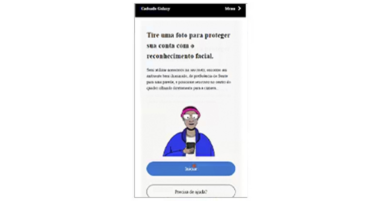 Passo 4 da configuração do Cadeado Galaxy: tela de segurança solicitando uma foto do usuário para ativar a proteção da conta com reconhecimento facial.