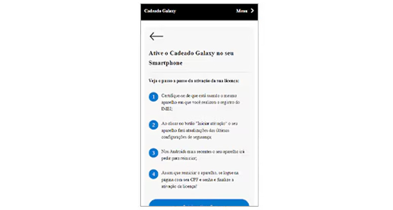 Passo 5 do tutorial: tela com as instruções finais para ativar o Cadeado Galaxy diretamente no smartphone, detalhando o processo de reinicialização e login.