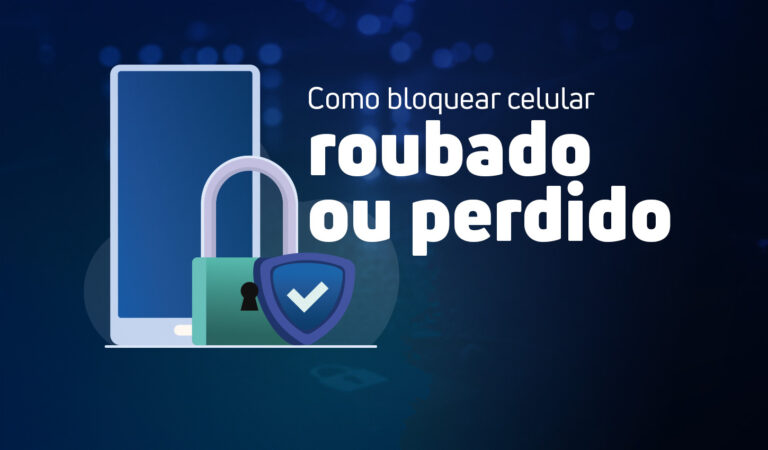 Banner ilustrativo com o texto 'Como bloquear celular roubado ou perdido', ao lado de um ícone de celular protegido por um cadeado e um escudo de segurança.