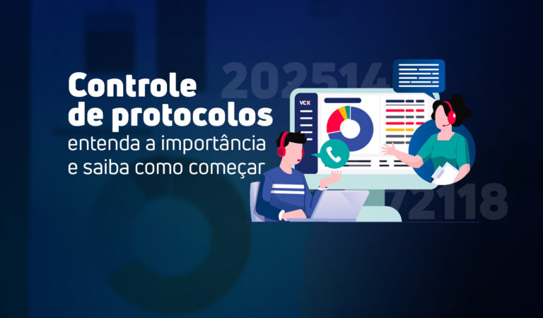 Banner sobre controle de protocolos no atendimento ao cliente. A imagem mostra operadores de call center analisando dados em uma tela e o título: 'Controle de protocolos: entenda a importância e saiba como começar'.