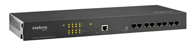 Foto de um gateway VoIP da marca Intelbras, modelo CIP 850. O equipamento é preto e exibe diversas luzes indicadoras e portas de conexão, incluindo portas de rede e telefonia.