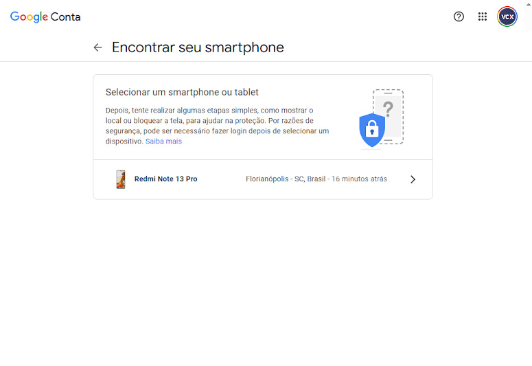 pAra bloquear um celular Android: tela da Conta Google na seção 'Encontrar seu smartphone', mostrando o dispositivo a ser localizado, um Redmi Note 13 Pro.