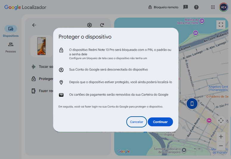 No Google Localizador: janela de confirmação da ação 'Proteger o dispositivo', explicando que o celular será bloqueado com PIN e a conta Google desconectada.
