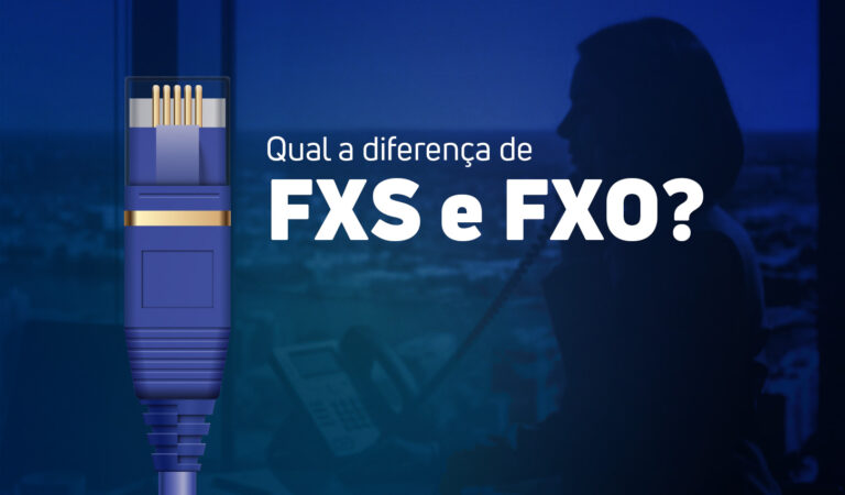 Banner de artigo com o título 'Qual a diferença de FXS e FXO?'. A imagem tem como fundo a silhueta de uma pessoa em um escritório e em primeiro plano um conector de cabo de rede (RJ45).