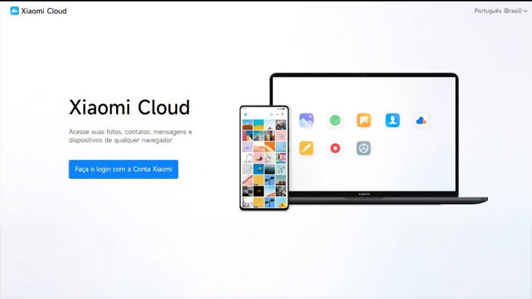 Passo 1 para localizar um celular Xiaomi: tela inicial de login do Xiaomi Cloud, com o botão 'Faça o login com a Conta Xiaomi' para acessar os dispositivos.
