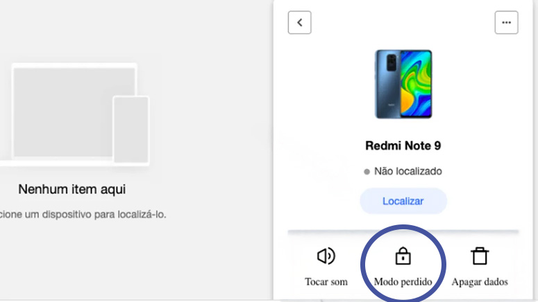 Passo 3 para bloquear um celular Xiaomi: tela 'Encontrar dispositivo' mostrando um Redmi Note 9. A opção 'Modo perdido' está circulada para iniciar o bloqueio do aparelho.