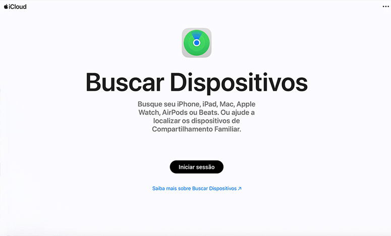 Para localizar um dispositivo Apple: tela inicial do serviço 'Buscar Dispositivos' do iCloud, com o botão 'Iniciar sessão' para acessar a conta.