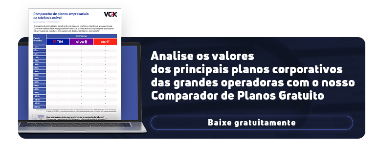 Banner promocional: "Analise os valores dos principais planos corporativos das grandes operadoras com o nosso Comparador de Planos Gratuito". A imagem ilustra uma um notebook com um documento comparando diversos planos com logos de operadoras de telefonia como Vivo, Claro e TIM