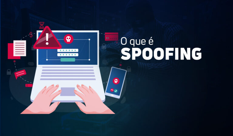 Capa do artigo com o título 'O que é SPOOFING' aparece em destaque. "Infográfico sobre spoofing com as mãos digitando em um laptop que exibe um alerta de segurança e um crânio, indicando perigo, ao lado de um smartphone recebendo uma ligação suspeita.