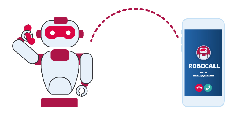 Robô de telemarketing fazendo uma chamada de voz (robocall) para um celular. O celular mostra a chamada recebida com o nome "ROBOCALL" e um ícone de robô, representando chamadas automáticas e indesejadas.