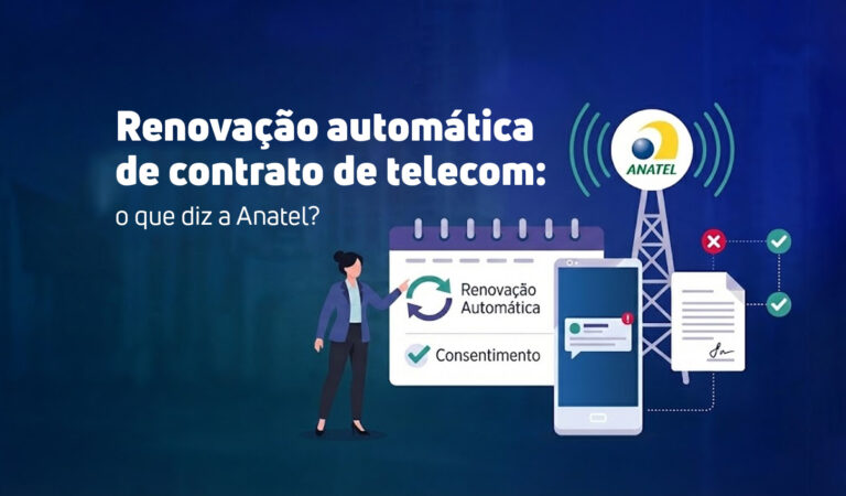 Capa do artigo com o título: "Renovação automática de contrato de telecom: o que diz a Anatel?". A ilustração mostra uma mulher apontando para um painel de "Renovação Automática" e "Consentimento", ao lado de uma torre de transmissão com o logo da Anatel e ícones de contratos digitais
