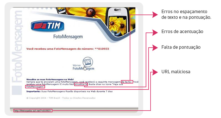 Tentativa de spoofing via e-mail. E-mail da Tim sobre Foto Mensagem com erros ortográficos e link direcionando o usuário para uma página maliciosa.