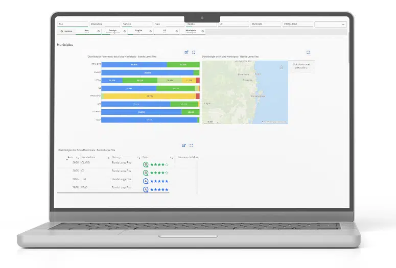 Notebook exibindo o painel de dados detalhado da Anatel. A tela mostra os resultados filtrados para "Banda Larga Fixa" em "Florianópolis, SC", apresentando um gráfico de barras com a distribuição percentual dos selos por operadora, um mapa da região e uma tabela comparativa onde TIM e Vivo aparecem com Selo A (5 estrelas) e Claro e Oi com Selo B.