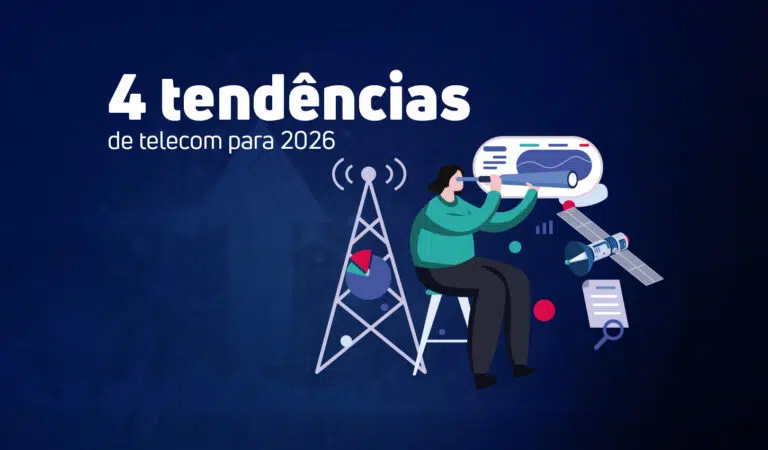 Capa do artigo com o título em destaque: '4 tendências de telecom para 2026'. A ilustração mostra uma pessoa observando o futuro através de uma luneta, cercada por ícones de tecnologia como uma torre de celular e um satélite.