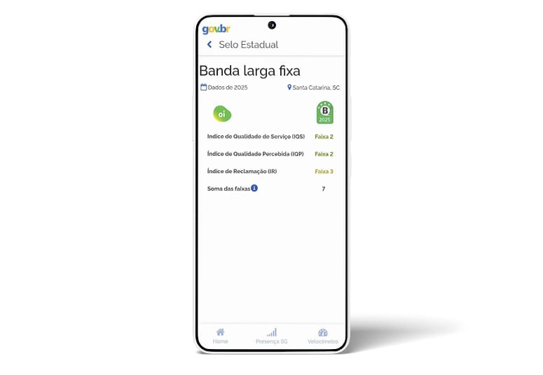 Tela de detalhamento do Selo Estadual para a operadora Oi. A lista exibe as faixas de pontuação para o Índice de Qualidade de Serviço (IQS), Índice de Qualidade Percebida (IQP) e Índice de Reclamação (IR).