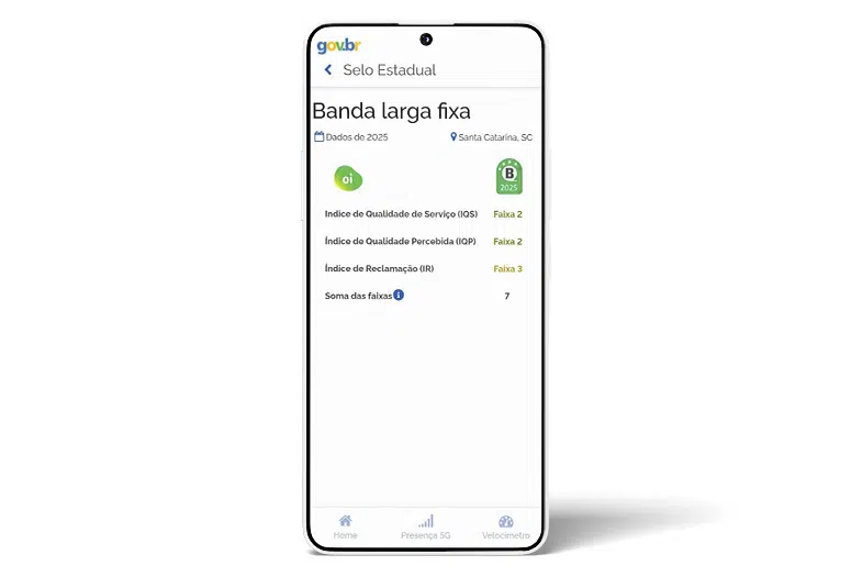 Tela de detalhamento do Selo Estadual para a operadora Oi. A lista exibe as faixas de pontuação para o Índice de Qualidade de Serviço (IQS), Índice de Qualidade Percebida (IQP) e Índice de Reclamação (IR).