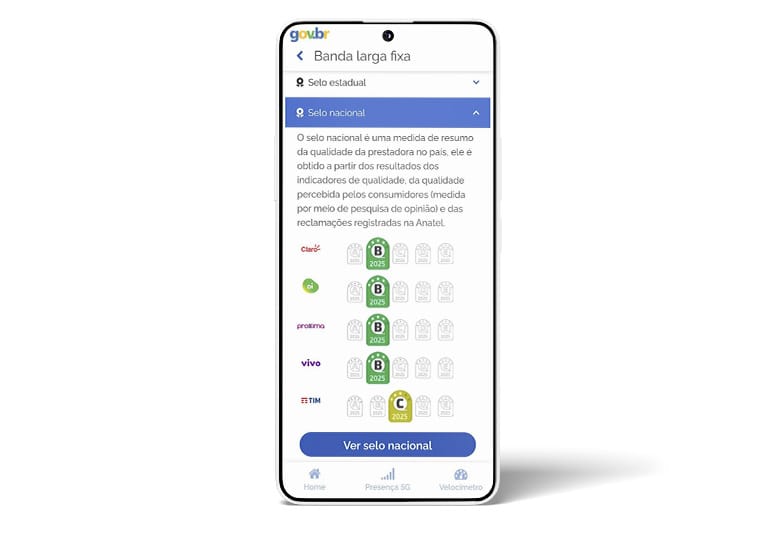 "Selo nacional" expandida no aplicativo Anatel Qualidade. A tela lista diversas operadoras de banda larga fixa (Claro, Oi, Proxxima, Vivo e TIM) com seus respectivos selos de nota B e C ao lado, permitindo comparar a qualidade em nível nacional.