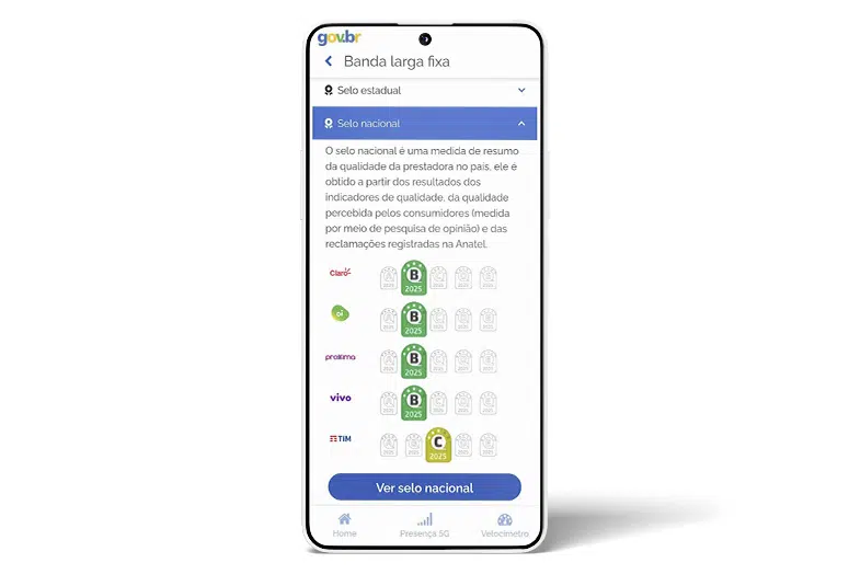 "Selo nacional" expandida no aplicativo Anatel Qualidade. A tela lista diversas operadoras de banda larga fixa (Claro, Oi, Proxxima, Vivo e TIM) com seus respectivos selos de nota B e C ao lado, permitindo comparar a qualidade em nível nacional.