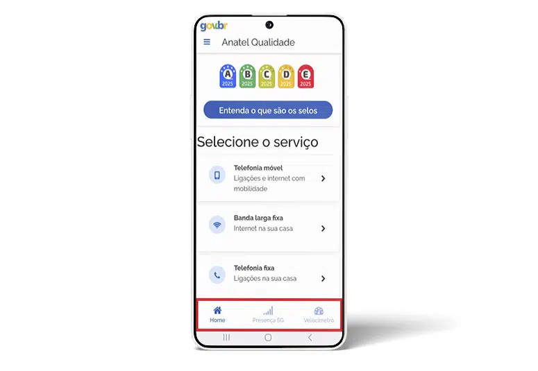 Tela inicial do aplicativo Anatel Qualidade. A interface exibe as opções de consulta para Telefonia móvel, Banda larga fixa e Telefonia fixa. Um retângulo vermelho destaca o menu de navegação inferior com os botões Home, Presença 5G e Velocímetro.