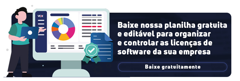 Banner promocional azul escuro com a ilustração de um homem segurando um notebook e apontando para um monitor de computador que exibe um painel com um gráfico de pizza e um documento com selo de aprovação. O texto principal em branco diz: 'Baixe nossa planilha gratuita e editável para organizar e controlar as licenças de software da sua empresa'. Abaixo do texto, há um botão azul com o texto 'Baixe gratuitamente'.