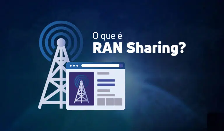 Capa do artigo com o título "O que é RAN Sharing?". A ilustração mostra uma torre de transmissão de celular ao lado de um ícone de software com a torre de tranmissão e ambos sobre um fundo azul escuro com um mapa-múndi sutil.