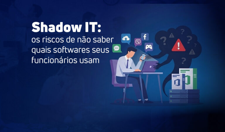Capa de artigo com fundo azul escuro exibindo o título em branco: "Shadow IT: os riscos de não saber quais softwares seus funcionários usam". À direita, uma ilustração mostra um funcionário no computador e celular, sendo envolvido por uma sombra escura com um sinal de alerta vermelho e ícones de redes sociais e jogos, simbolizando as ameaças ocultas de softwares não autorizados.