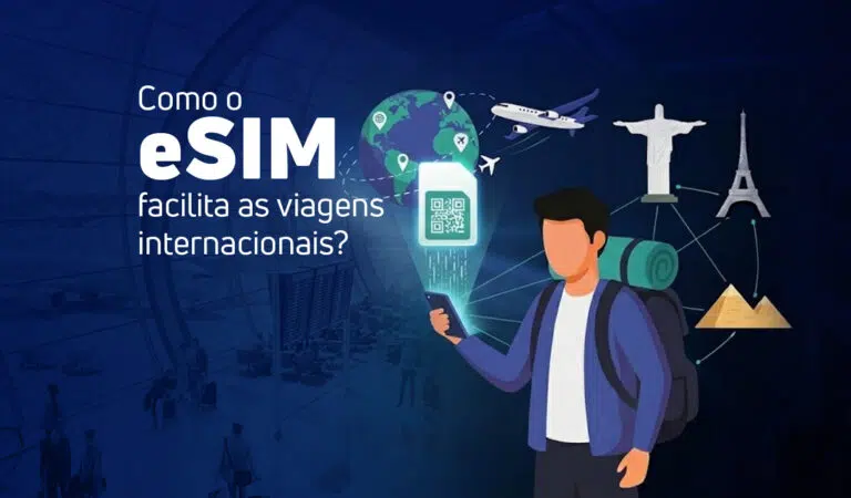 Imagem de capa do artigo, com o título "Como o eSIM facilita as viagens internacionais?" e uma ilustração de mochileiro segurando celular e varios monumentos de paises ao fundo