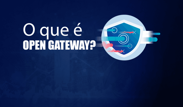 Imagem de capa com fundo azul marinho gradiente. À esquerda, em letras brancas grandes e em negrito, a pergunta: 'O QUE É GATEWAY?'. À direita, uma ilustração vetorial mostra uma pessoa sentada observando através de uma luneta, cercada por elementos de telecomunicações, incluindo uma torre de transmissão, um satélite artificial e painéis flutuantes com gráficos de dados.