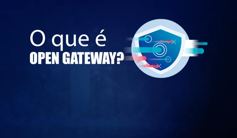 Imagem de capa com fundo azul marinho gradiente. À esquerda, em letras brancas grandes e em negrito, a pergunta: 'O QUE É GATEWAY?'. À direita, uma ilustração vetorial mostra uma pessoa sentada observando através de uma luneta, cercada por elementos de telecomunicações, incluindo uma torre de transmissão, um satélite artificial e painéis flutuantes com gráficos de dados.