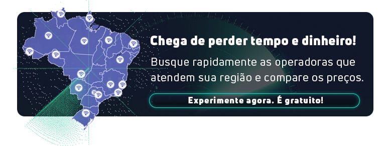 Banner promocional interativo. À esquerda, um mapa do Brasil com ícones de sinal Wi-Fi e um radar verde. À direita, o texto: "Chega de perder tempo e dinheiro! Busque rapidamente as operadoras que atendem sua região e compare os preços". Abaixo, um botão com a chamada "Experimente agora. É gratuito!".