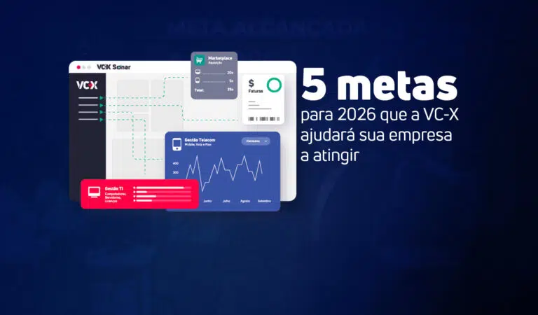 Capa do artigo com o título: "5 metas para 2026 que a VC-X ajudará sua empresa a atingir". Ao lado do texto, uma ilustração do painel de controle "VC-X Sonar" exibe interfaces gráficas para gestão de Marketplace, Telecom, TI e Faturas, ilustrando as soluções oferecidas pela plataforma.