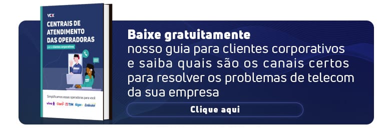 Banner azul escuro divulgando um guia gratuito. À esquerda, a capa de um ebook intitulado "Centrais de Atendimento das Operadoras para clientes corporativos". À direita, texto "Baixe gratuitamente nosso guia para clientes corporativos e saiba quais são os canais certos para resolver os problemas de telecom da sua empresa" seguido por um botão escrito "Clique aqui".