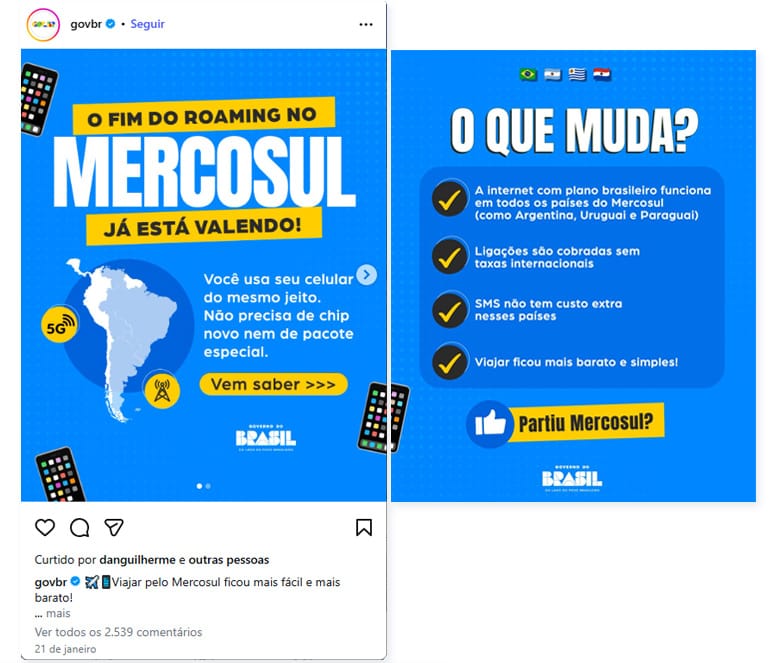 Post que diz O fim do roaming no Mercosul já está valendo! Você usa seu celular do mesmo jeito, sem chip novo nem pacote especial